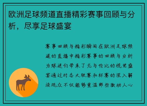 欧洲足球频道直播精彩赛事回顾与分析，尽享足球盛宴