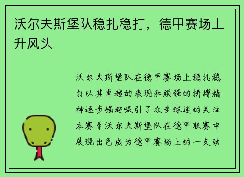 沃尔夫斯堡队稳扎稳打，德甲赛场上升风头