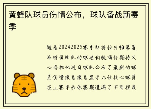 黄蜂队球员伤情公布，球队备战新赛季