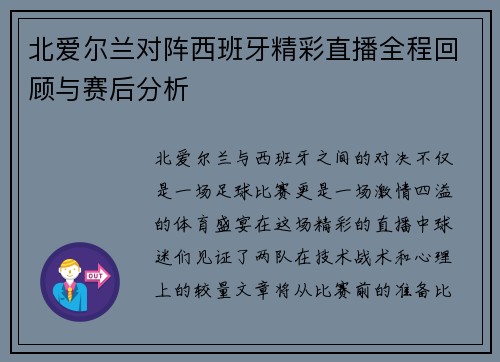 北爱尔兰对阵西班牙精彩直播全程回顾与赛后分析